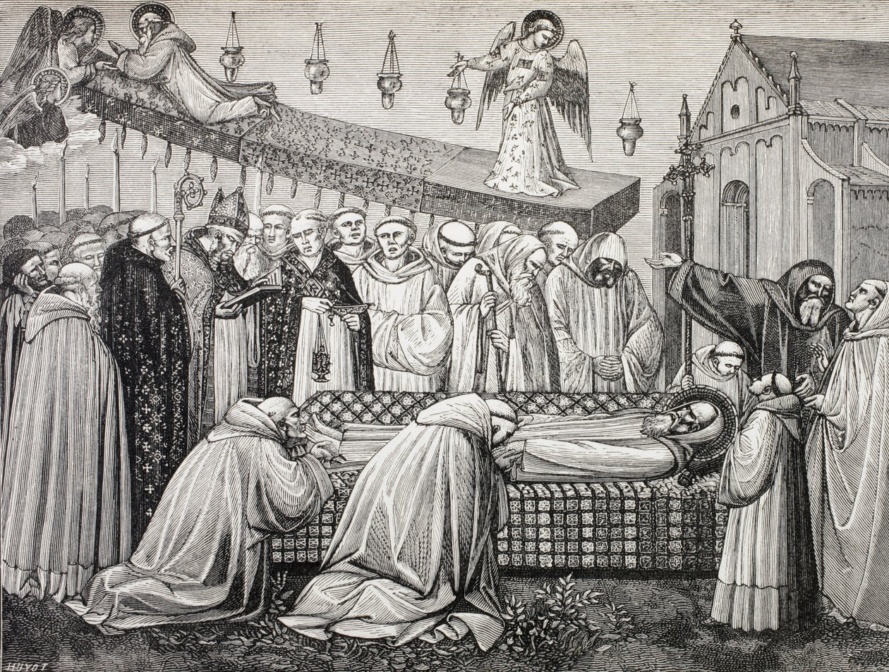 Pyhän Benedictus Nursian eli San Benedetto Da Norcian kuolema, 480-547, Monte Cassinon luostarissa. tekijältä Paul Lacroix