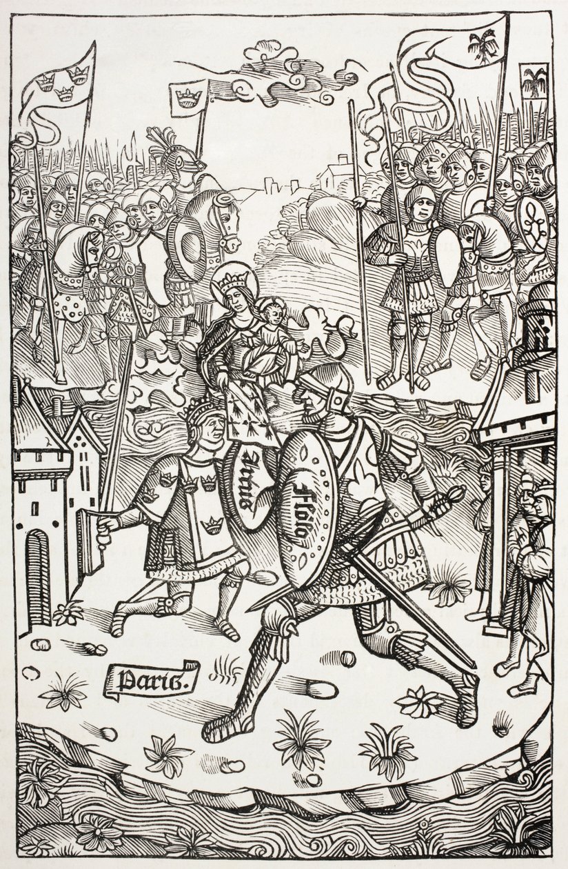 Kuningas Artus eli Arthur taistelee jättiläistä vastaan neitsyen suojeluksessa. Alain Bouchardin vuonna 1514 julkaiseman Chroniques De Bretagne -teoksen puupiirroksen mukaan. tekijältä Paul Lacroix