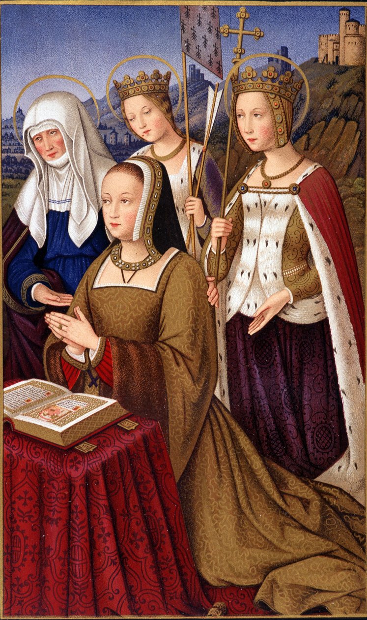 Muotokuva Bretagnen Annesta (1477-1514), Ranskan kuningattaresta, rukoilemassa pyhän suojeluspyhimyksensä Pyhän Annan, Pyhän Helenan ja Pyhän Ursulen kanssa - Paulin teoksessa "" Sotilas- ja uskonnollinen elämä keskiajalla ja renessanssikaudella" Lacroix,  tekijältä Paul Lacroix