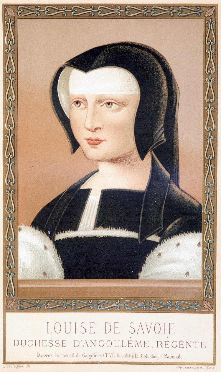 Louise de Savoien (1476-1531), Angoulemen herttuattaren ja Ranskan Regenten muotokuva. Kromolitografia Paul Lacroix