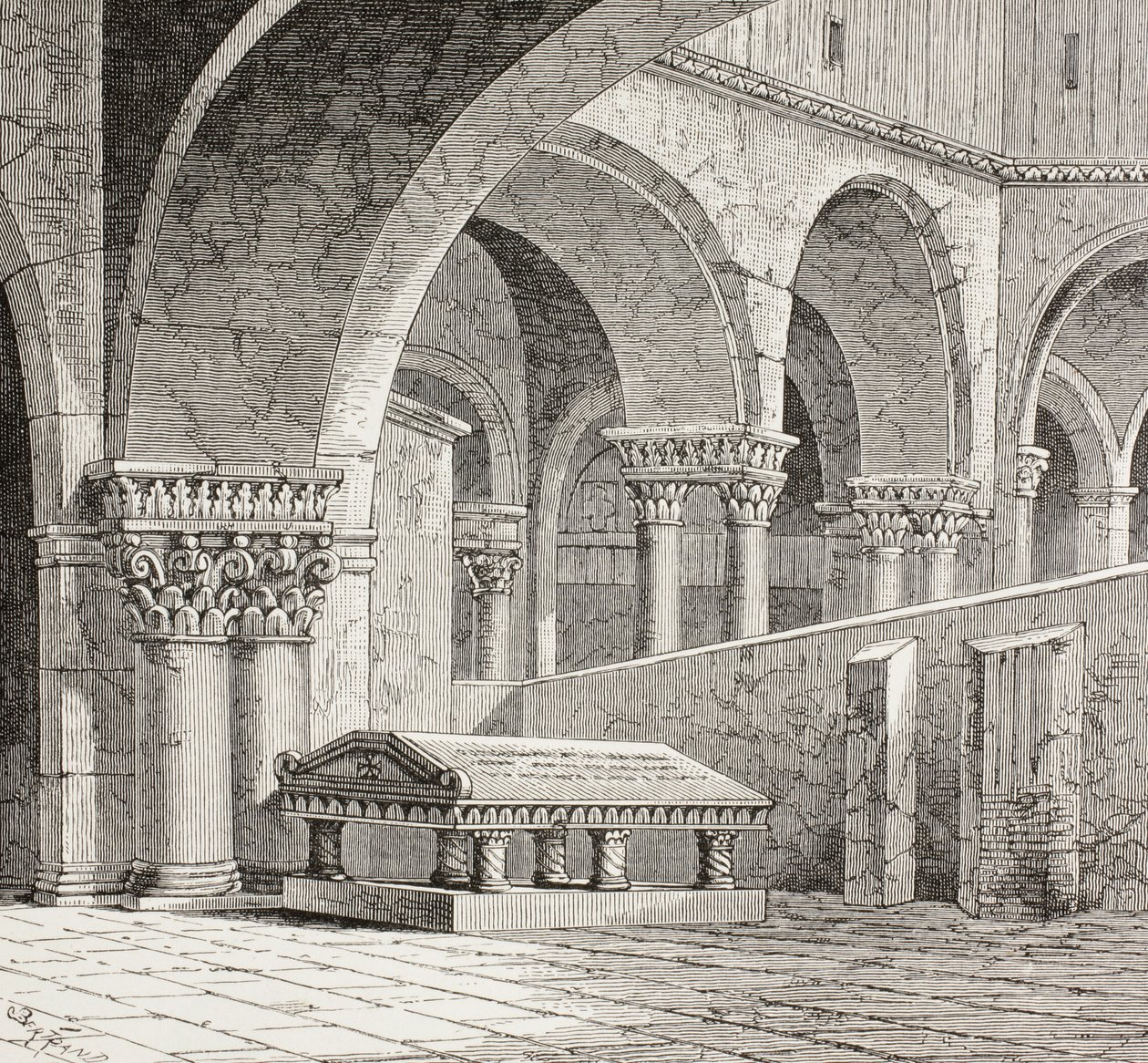 Godfrey De Boullonin hauta, noin 1060-1100, sellaisena kuin se oli Jerusalemin Pyhän haudan kirkossa. Hauta on nyt tuhottu. Paikalla vuonna 1828 tehdyn piirroksen mukaan. tekijältä Paul Lacroix