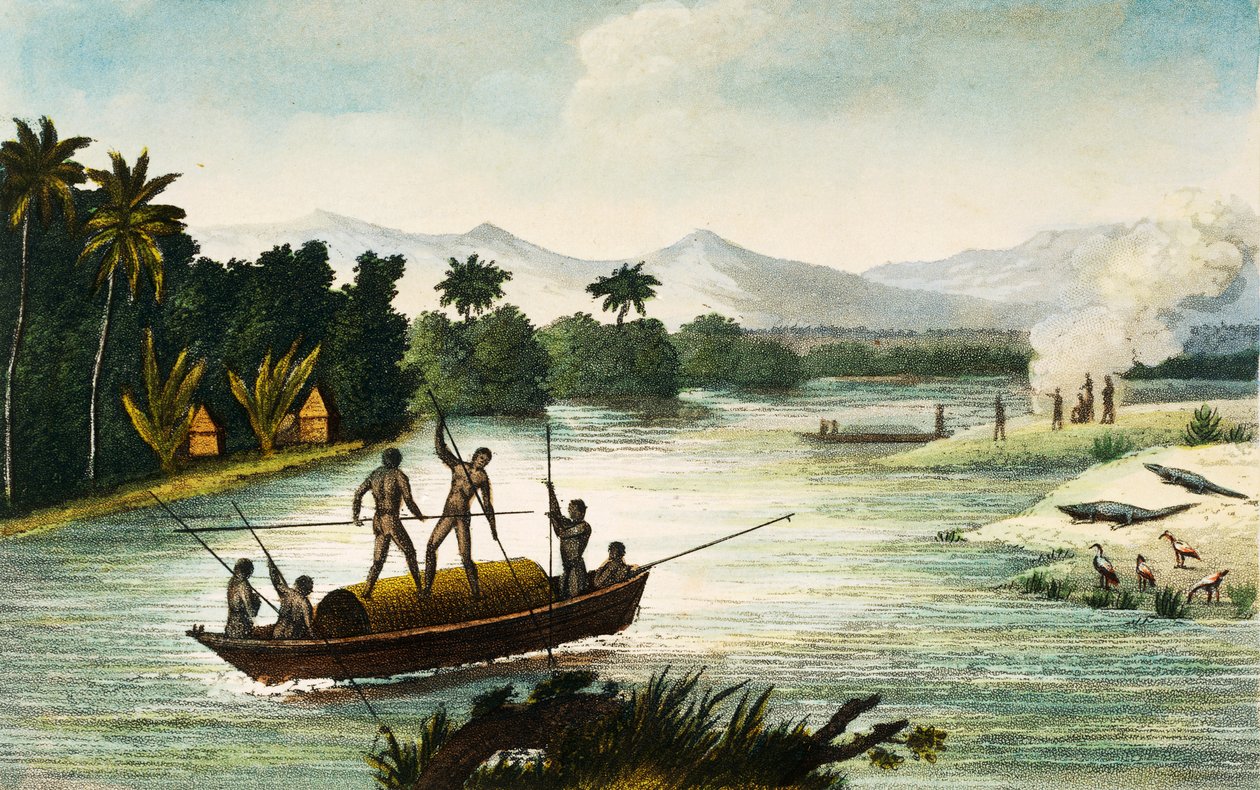 Magdalena River, Kolumbia, Paul Legrandin kaiverrus teoksesta Travels in the Republic of Colombia vuosina 1822 ja 1823, Gaspard Theodore Mollien (1796-1872), Etelä-Amerikka tekijältä Paul Legrand