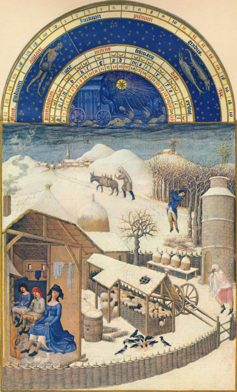 Helmikuu - kylä lumen alla, 1400-luku, 1939. tekijältä Paul Limbourg