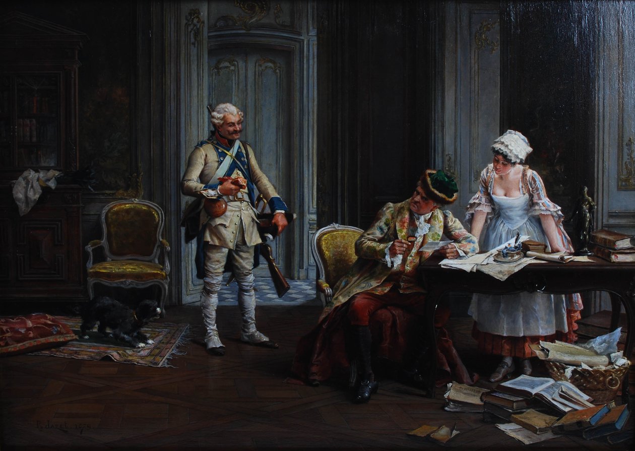 Le Billet de Logement. Öljy paneelille, signeerattu ja päivätty P Jazet 1879. tekijältä Paul Léon Jazet