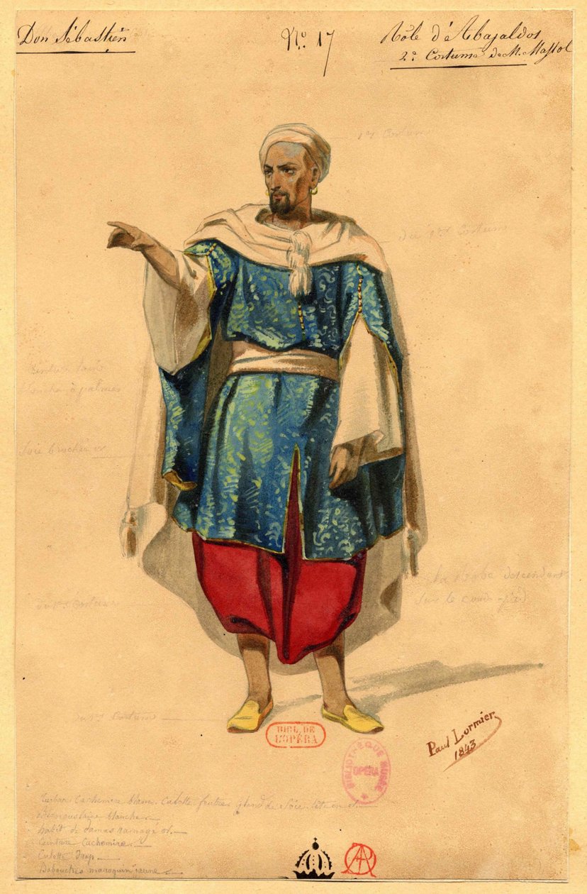Abayalds. Pukusuunnittelu oopperaan Dom Sébastien, Portugalin kuningas, 1843. tekijältä Paul Lormier
