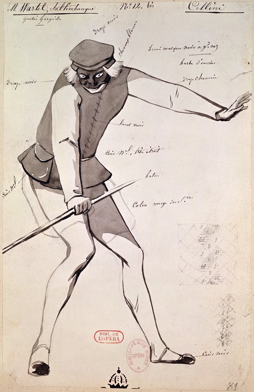 Pukusuunnittelu akrobaatille Hector Berliozin (1803-69) Benvenuto Cellinissä, 1838 (kynä ja muste ja pesu paperille) tekijältä Paul Lormier