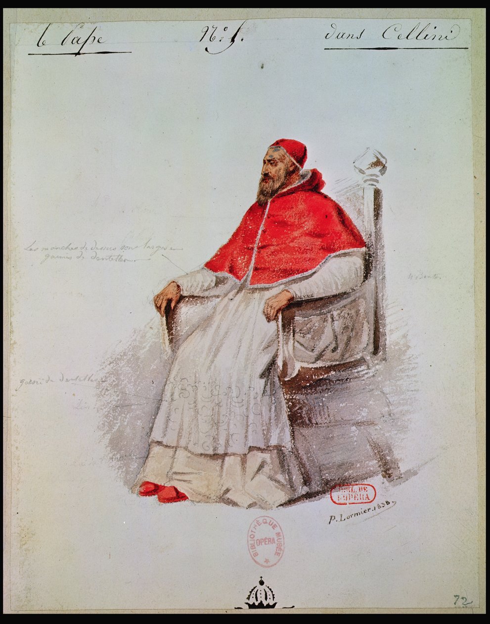 Pukusuunnittelu paavi Klemens VII:lle teoksessa "Benvenuto Cellini", kirjoittanut Hector Berlioz (1803-69) 1838 (pesu paperille) tekijältä Paul Lormier