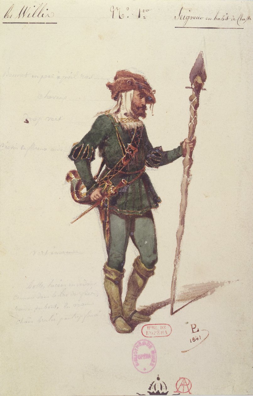 Metsästyspukusuunnittelu Adolphe Adamin (1803-56) Gisellelle n. 1841 tekijältä Paul Lormier