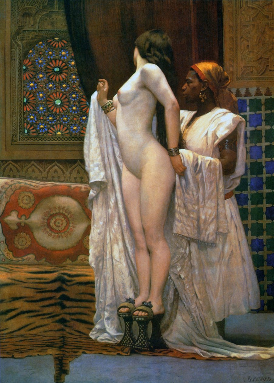 Haaremi: Kylvyn jälkeen, n. 1894 (väri litho) tekijältä Paul Louis Bouchard