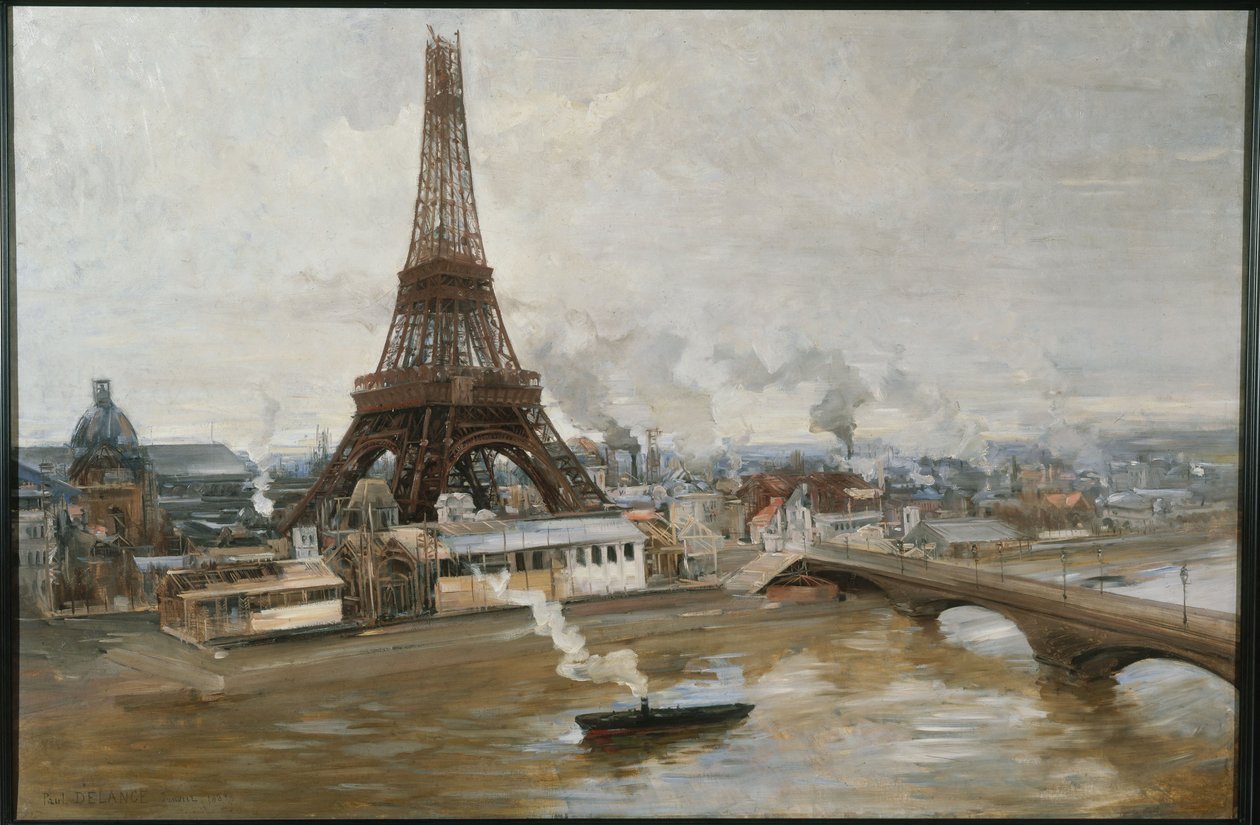 Eiffel-torni ja tammikuun 1889 maailmannäyttelyn teokset, 1-1889 (öljy kankaalle) tekijältä Paul Louis Delance