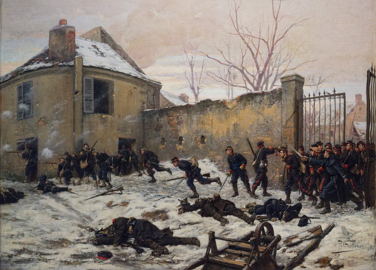 Liikkuvien vartijoiden hyökkäys linnaan vuonna 1870, 1800-luvun loppu (öljy kankaalle) tekijältä Paul Louis Narcisse Grolleron