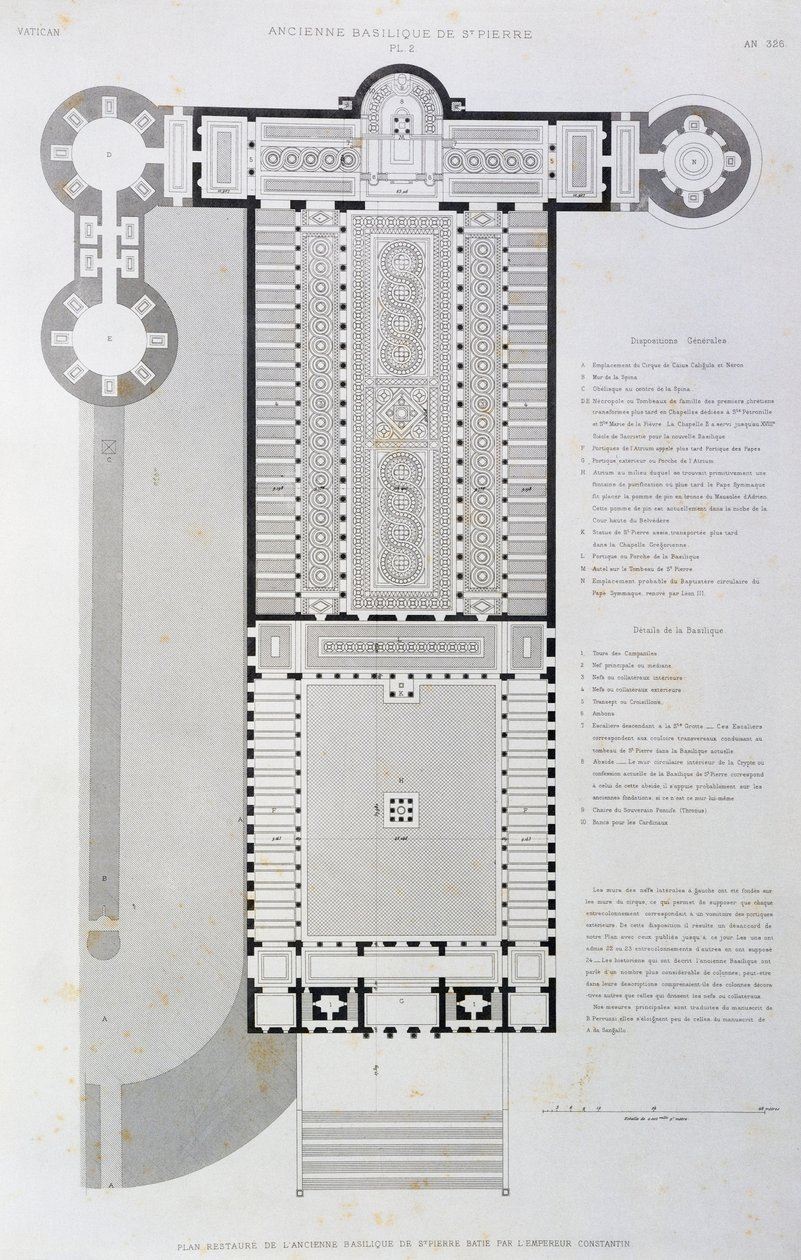 Keisari Konstantinuksen rakentaman vanhan basilikan entisöity pohjaratkaisu, kaiverrus Vatikaanista ja Pietarinkirkosta tekijältä Paul Marie Letarouilly