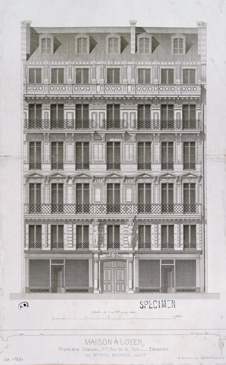 Suunnittelu Haussmann-tyyliselle kerrostalolle rue de la Paixille, Pariisi, n. 1860 tekijältä Paul Mesnard