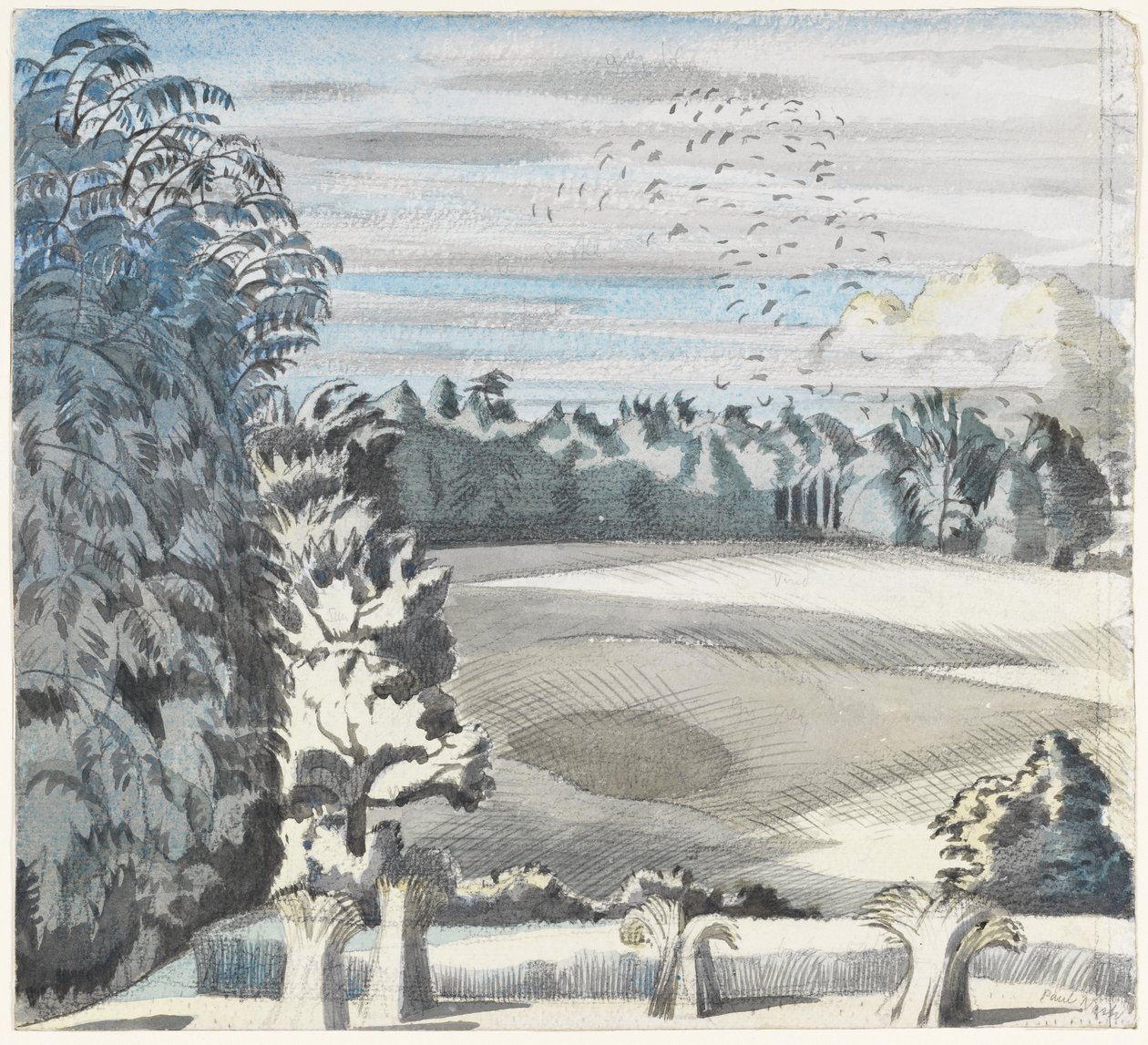 Maisema vankien kanssa, n. 1913-1914 (musta liitu ja akvarelli paperille) tekijältä Paul Nash