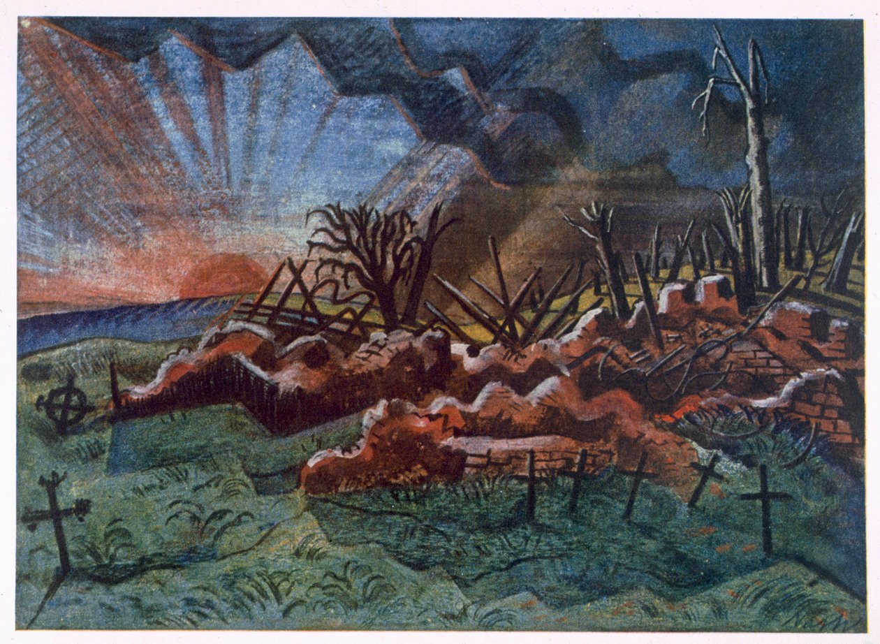 Sunrise, Ruins of a Hospice, Wytschaetesta luoteeseen, tuhoutui pommituksissa vuonna 1917, British Artists at the Front, Länsirintaman jatko, osa 3, Paul Nash tekijältä Paul Nash