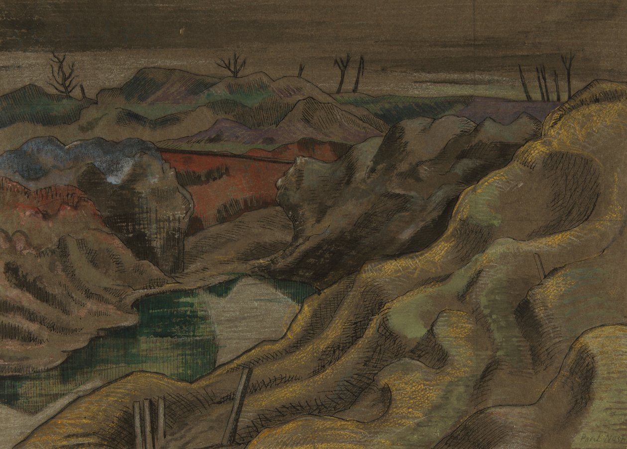 Maisema: Kukkula 60, n. 1917 (muste ja akvarelli paperille) tekijältä Paul Nash