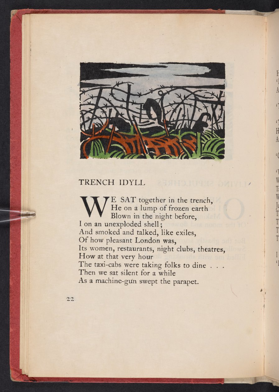 Juoksuhaudan idylli, kuvitus Richard Aldingtonin kirjasta "Images of War". Lontoo, The Beaumont Press, sivu 22. tekijältä Paul Nash