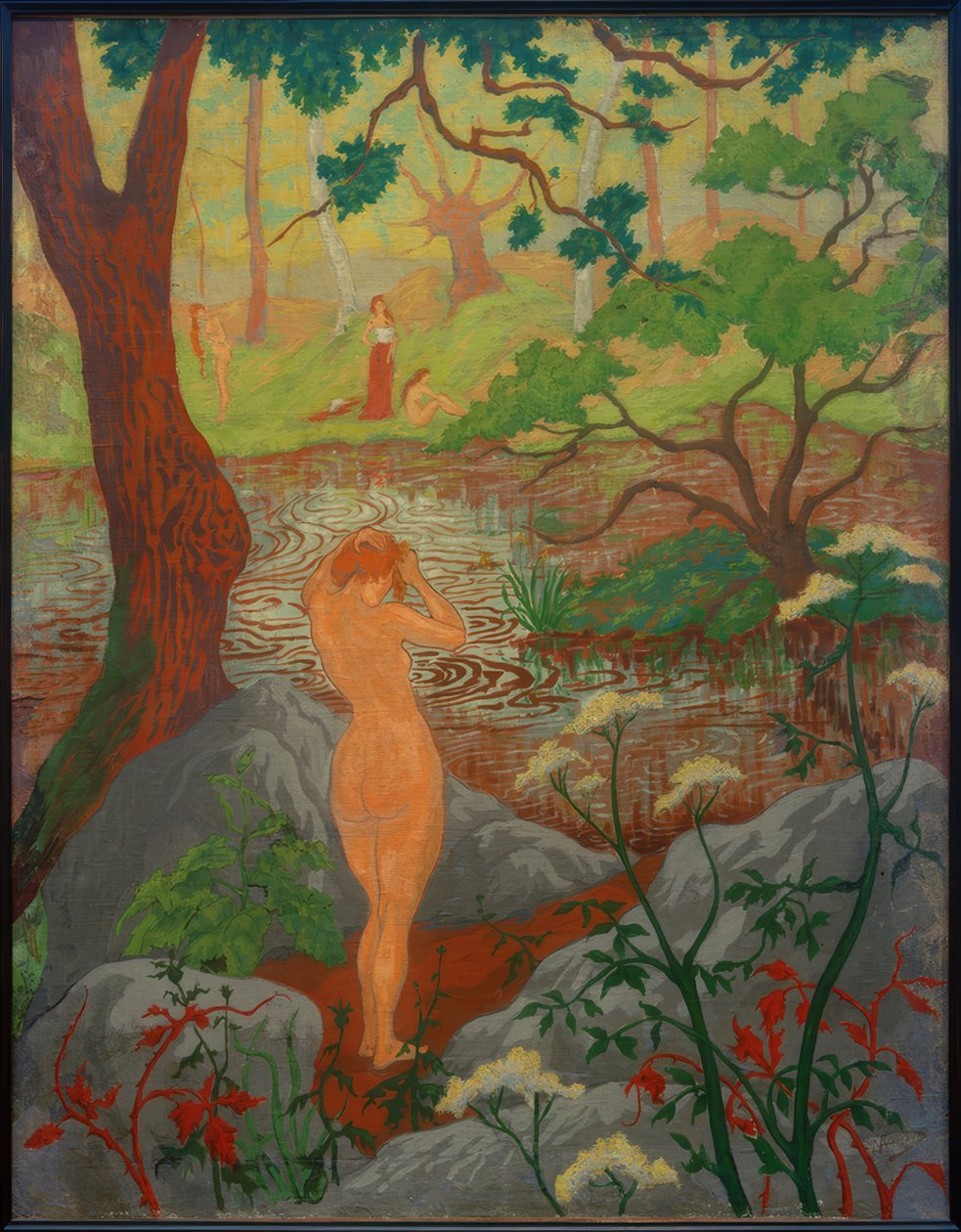 Nainen alasti tekee hiukset lammen rannalla tekijältä Paul Elie Ranson