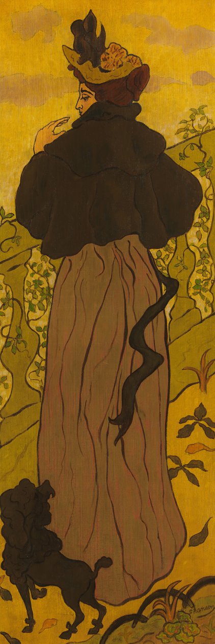 Nainen seisoo kaiteen vieressä villakoiran kanssa, n. 1895. tekijältä Paul Elie Ranson