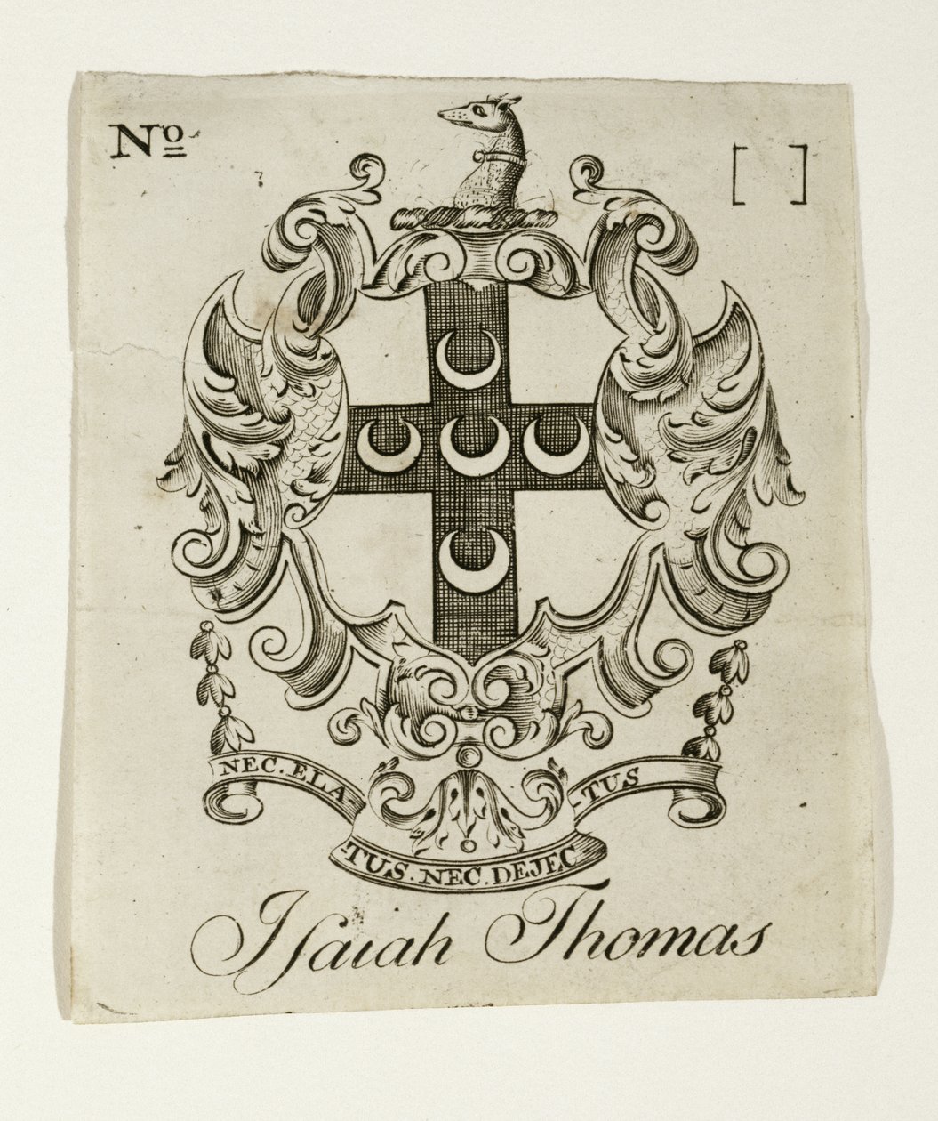 Kirjakilpi Isaiah Thomasille (1749-1831), n. 1765-1770 (kaiverrus paperille) tekijältä Paul Revere