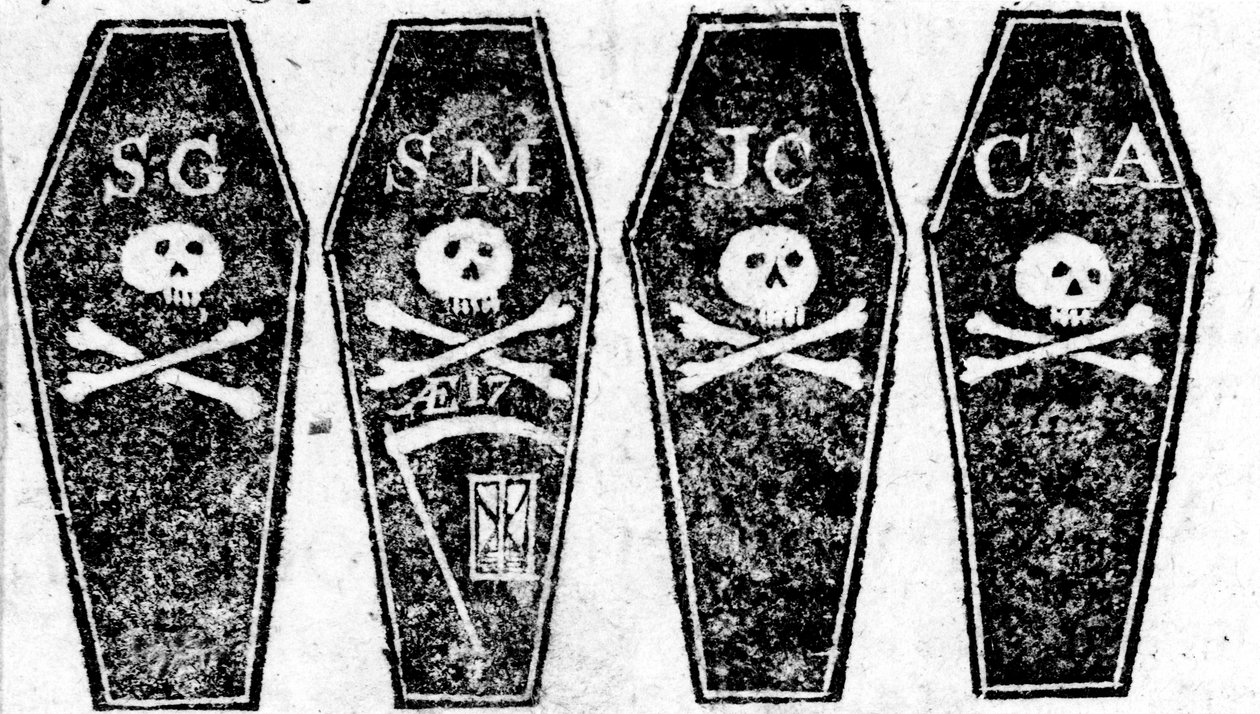 Piirros Bostonin verilöylyn neljästä arkusta, painettu Boston Gazettessa, 12. maaliskuuta 1770 tekijältä Paul Revere