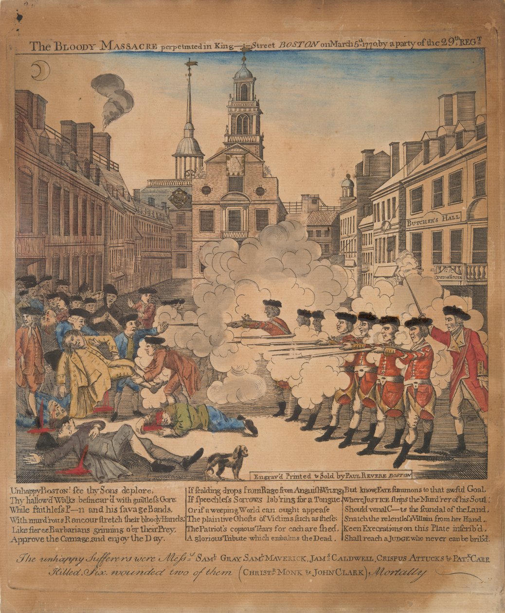 Verinen verilöyly King-Street Bostonissa 5. maaliskuuta 1770 puolueen 29th Regt. tekijältä Paul Revere