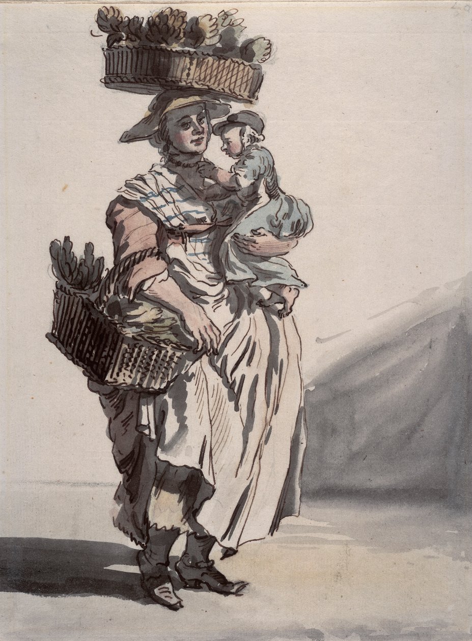 Lontoon vihreiden vihannesten myyjä, joka kantaa lasta, 1759 tekijältä Paul Sandby