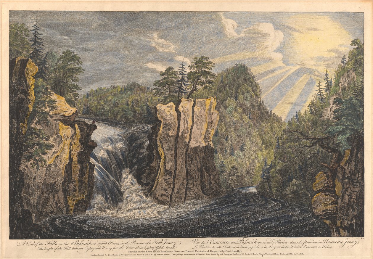 Näkymä Passaicin putouksille eli Second Riverille New Jerseyn provinssissa tekijältä Paul Sandby