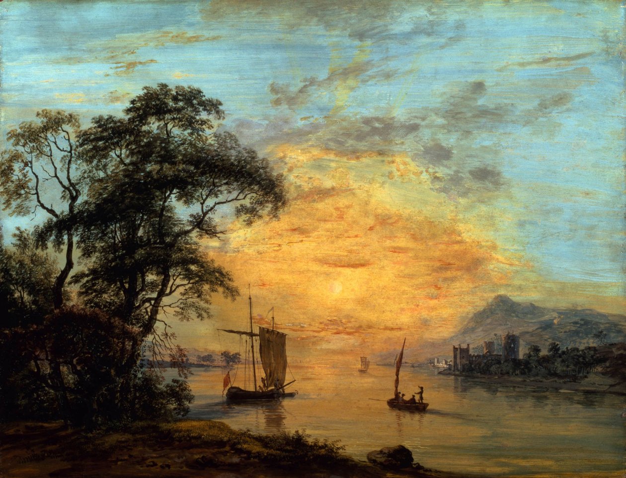 Walesin auringonlaskun jokimaisema. tekijältä Paul Sandby