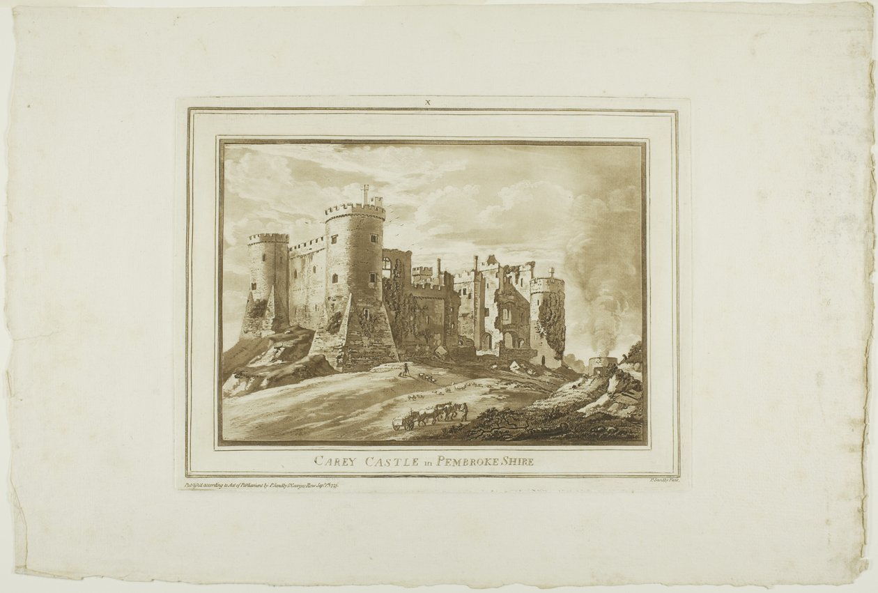 Carey Castle Pembroke Shiressa, Aquatintan Twelve Views -kuvasta Etelä-Walesin paikan päällä tehdyistä piirustuksista tekijältä Paul Sandby