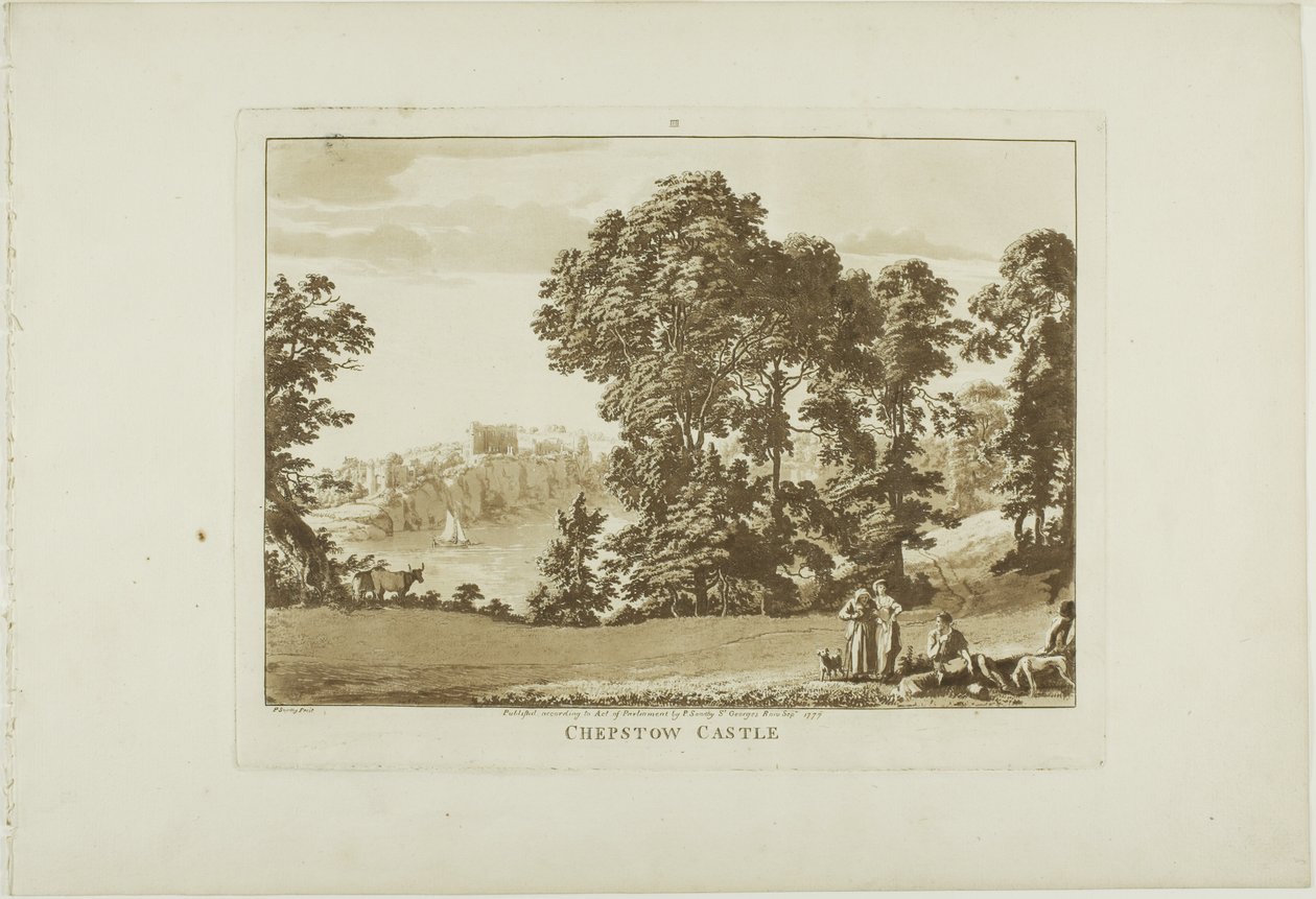 Chepstowin linna, levy neljä teoksesta Twelve Views in Wales (Kaksitoista näkymää Walesissa). tekijältä Paul Sandby