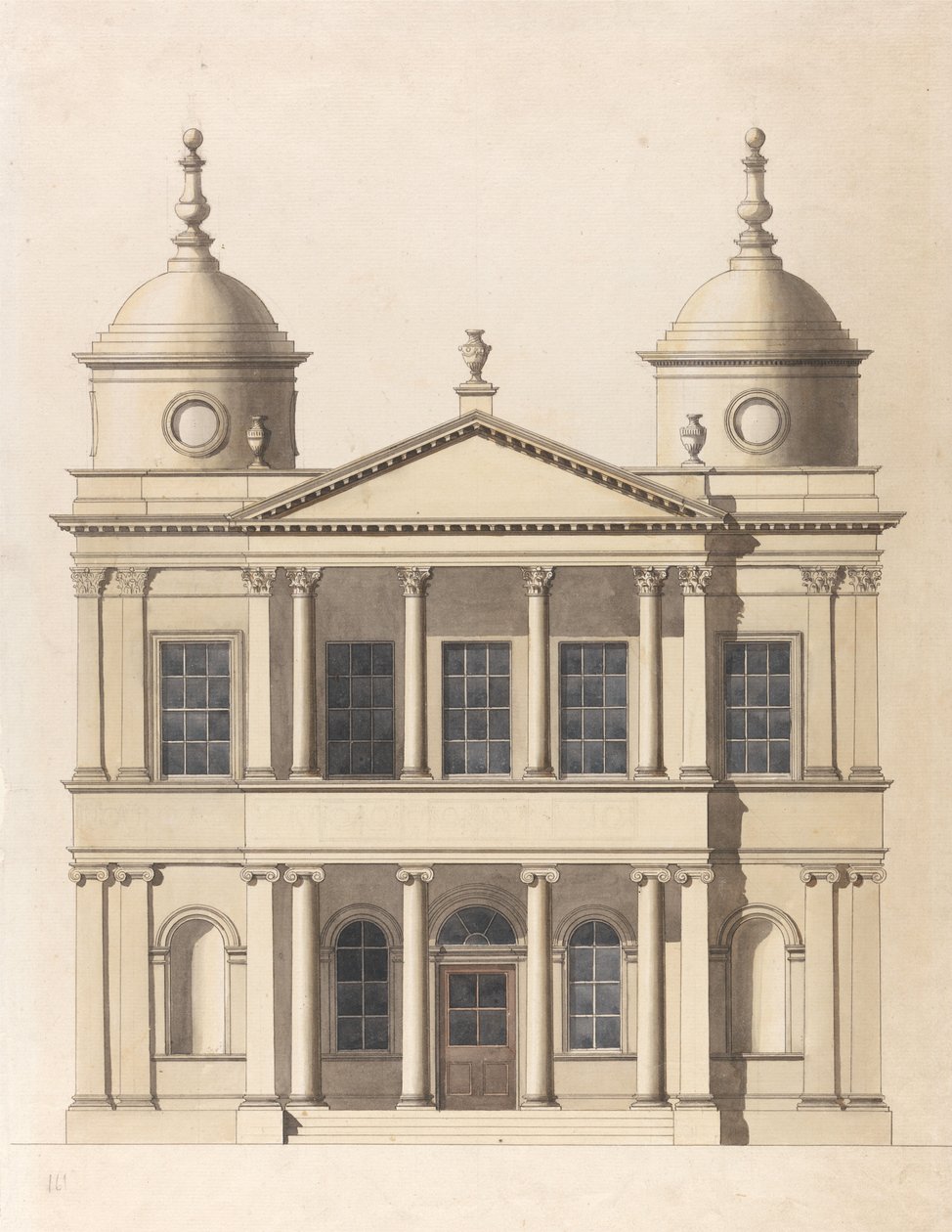 Kirkkosuunnitelma. Länsijulkisivun näkymä tekijältä Paul Sandby