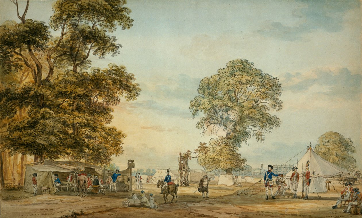 Leirintäalue Hyde Parkissa Gordonin mellakoiden aikana, 1780 tekijältä Paul Sandby