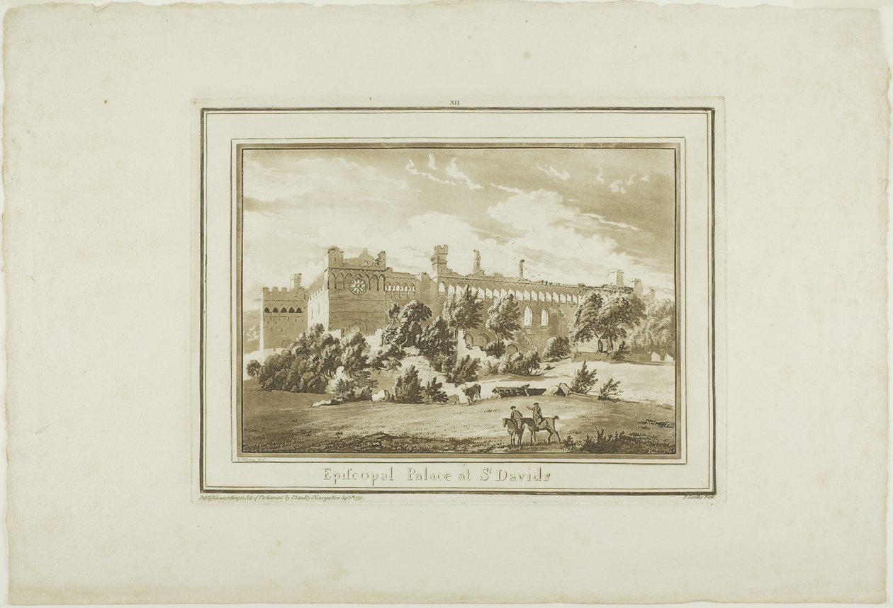 Episcopal Palace at St. Davids, levy kahdestoista teoksesta Twelve Views in South Wales (Kaksitoista näkymää Etelä-Walesissa). tekijältä Paul Sandby