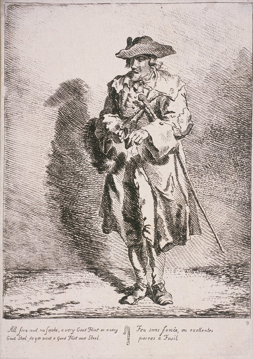 Flintin ja teräksen myyjä, Cries of London, 1760 tekijältä Paul Sandby