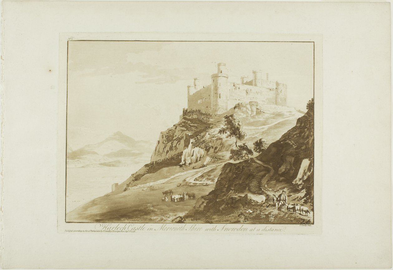 Harlechin linna Merioneth Shiressä Snowdonin kanssa etänä tekijältä Paul Sandby