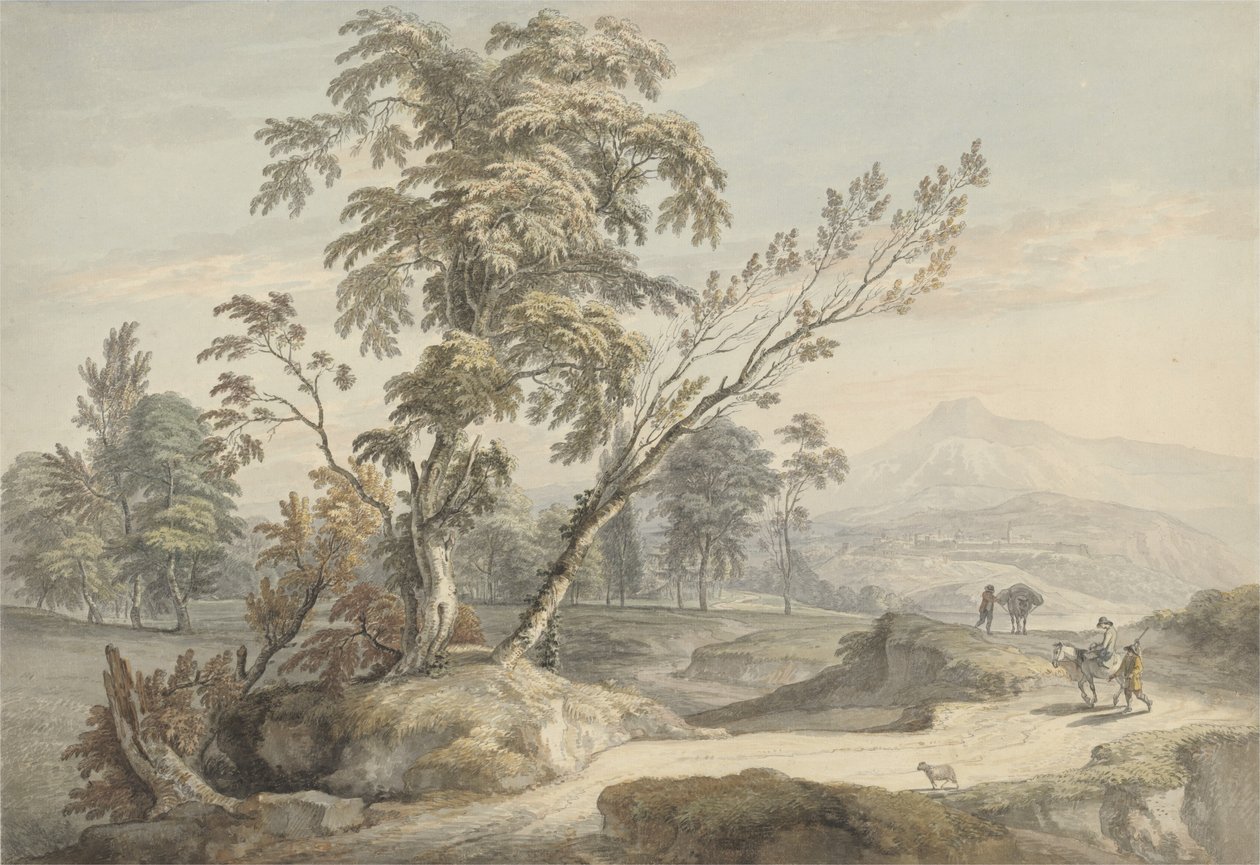 Italialainen maisema matkustajien kanssa nro 2, n. 1760 (akvarelli, kynä ja harmaa muste grafiitin päällä) tekijältä Paul Sandby