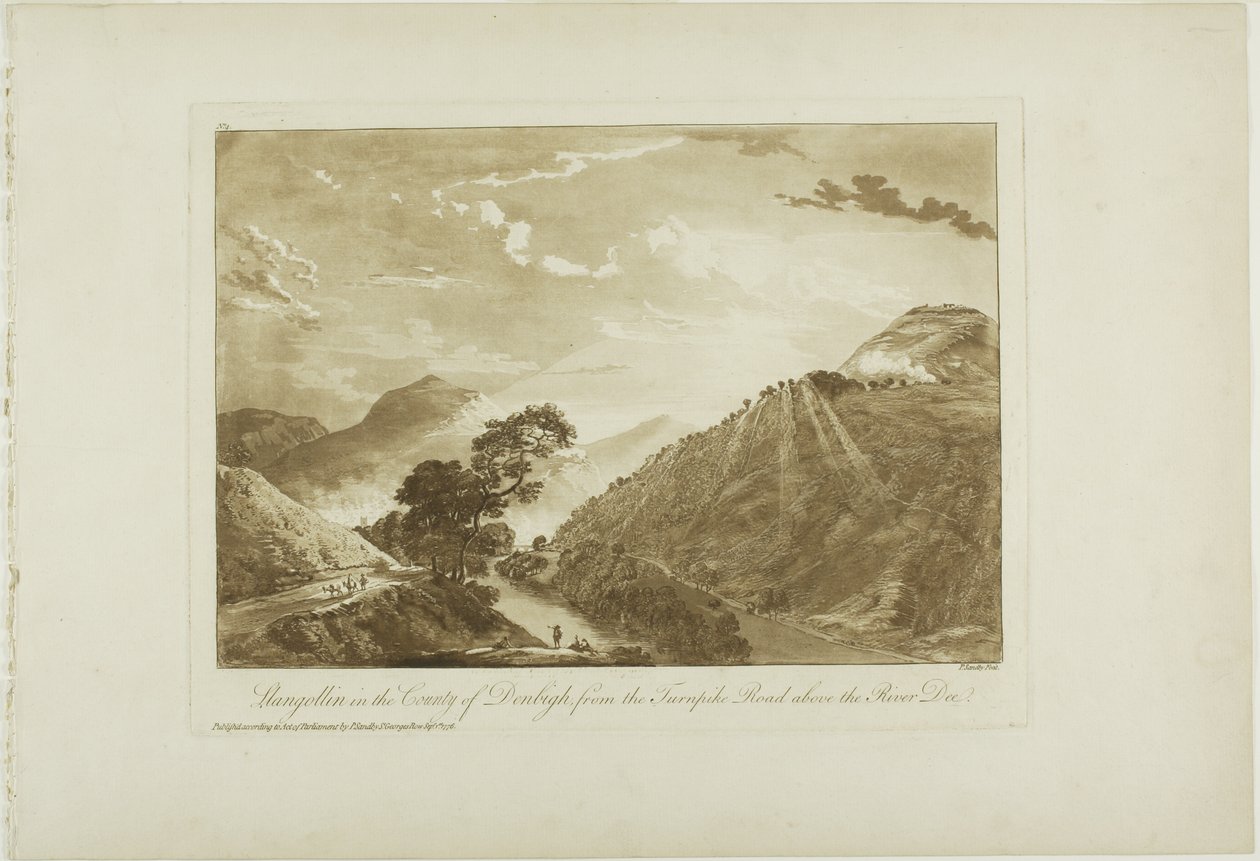 Llangollen Denbighin piirikunnassa, Turnpike Roadilta Dee-joen yläpuolella tekijältä Paul Sandby