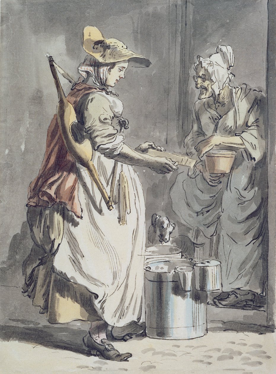 London Cries: A Milkmaid, n. 1759 (kynä ja sivellin, akvarelli ja grafiitti paperille) tekijältä Paul Sandby