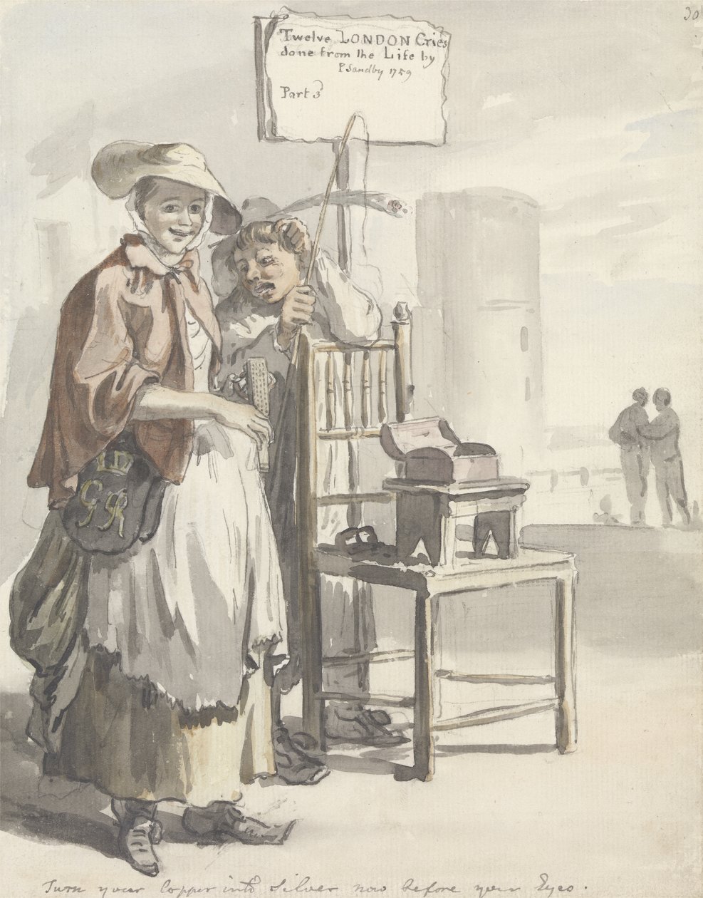 London Cries: "Turn your Copper in Silver Now, Before Your Eyes" (kynä ja sivellin ja muste, akvarelli ja grafiitti paperille) tekijältä Paul Sandby