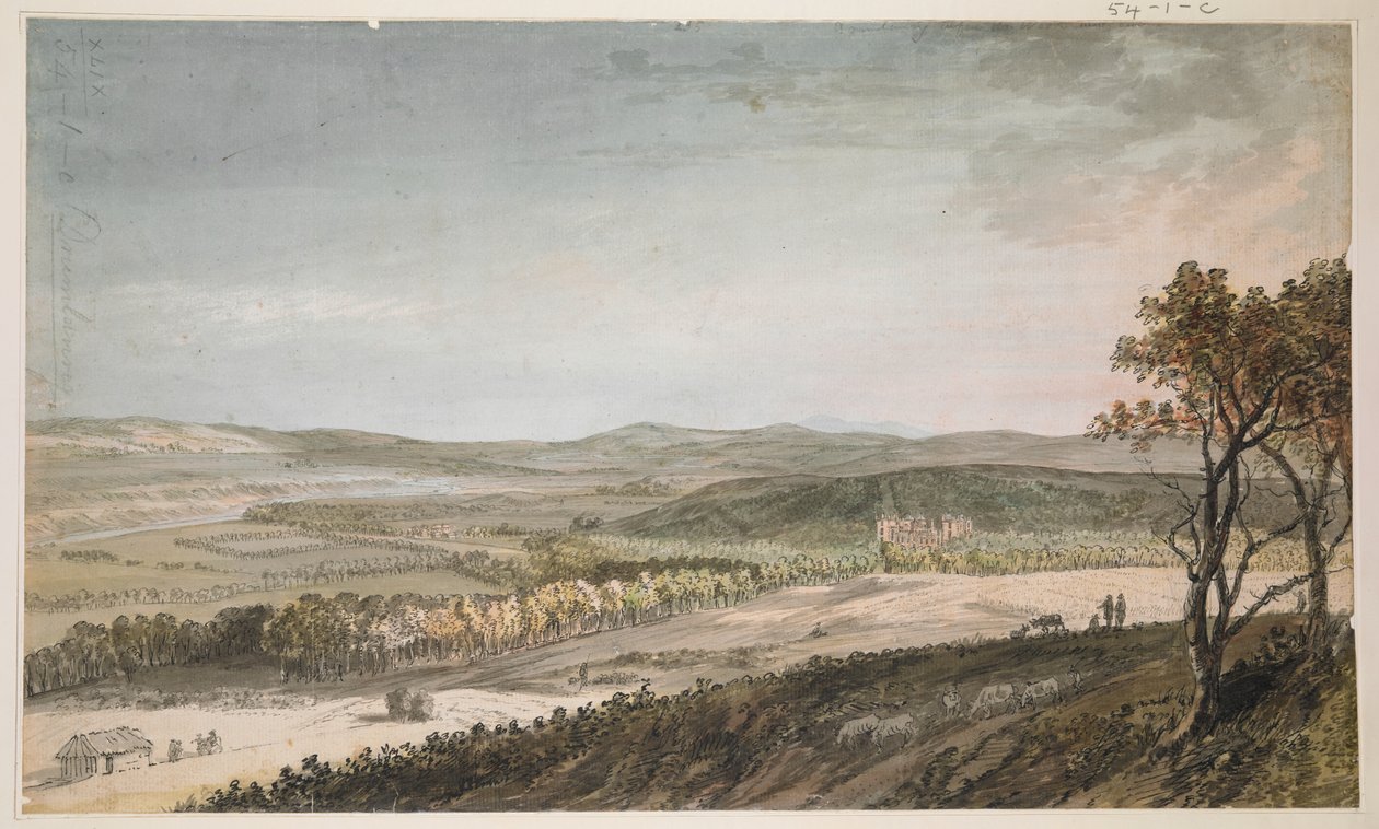 Nithsdale, Drumlanrig, n. 1751 (kynä, pesu ja akvarelli kynällä paperille) tekijältä Paul Sandby