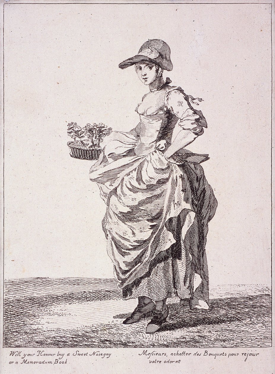 Nosegay ja muistiokirjojen myyjä, Cries of London, 1760 tekijältä Paul Sandby