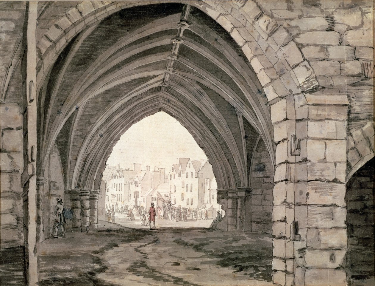 Osa Holyrood Abbeystä, josta on näkymät Canongatelle (kynä ja muste pesulla) tekijältä Paul Sandby