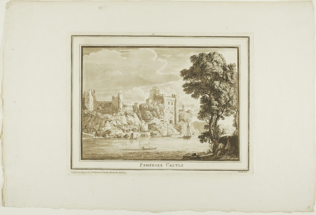 Pembroke Castle, Aquatintan Twelve Viewsista Etelä-Walesin paikan päällä tehdyistä piirustuksista tekijältä Paul Sandby