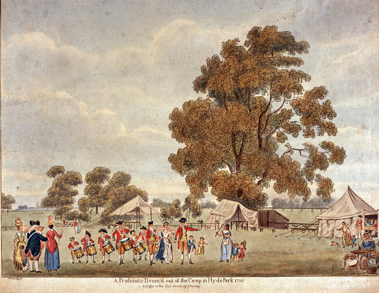 "Prostituoiturumpu" Hyde Parkin leiristä?, 1780 tekijältä Paul Sandby