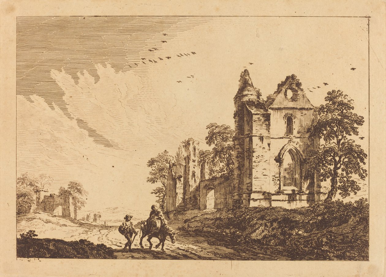 Raunioitu Abbey ja Travellers on the Road tekijältä Paul Sandby