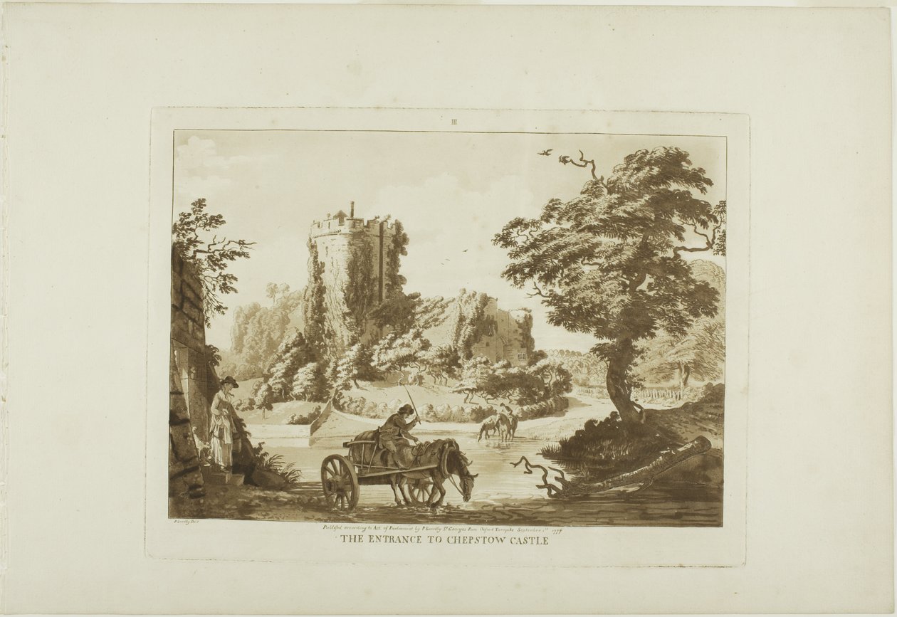 Chepstowin linnan sisäänkäynti, levy kolme teoksesta Twelve Views in Wales (Kaksitoista näkymää Walesissa) tekijältä Paul Sandby