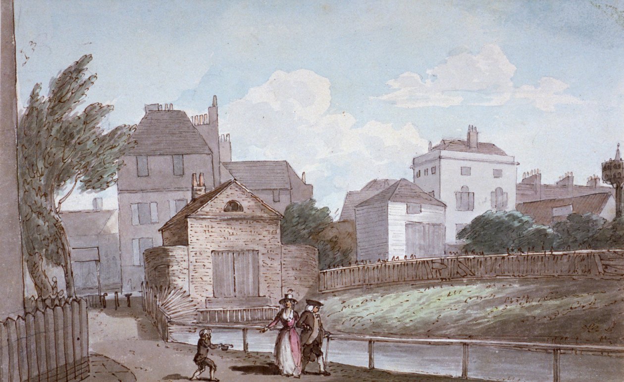 The Thatched House Inn and the New River, Islington, Lontoo, vuosi 1790. tekijältä Paul Sandby