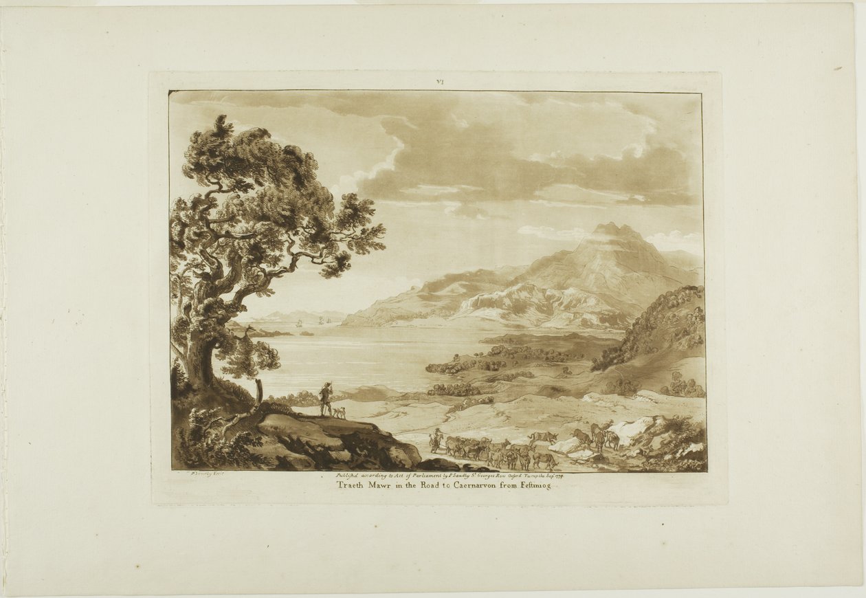 Traeth Mawr tiellä Caernarvaniin Fistiniogista, levy kuusi teoksesta Twelve Views in Wales (Kaksitoista näkymää Walesissa) tekijältä Paul Sandby
