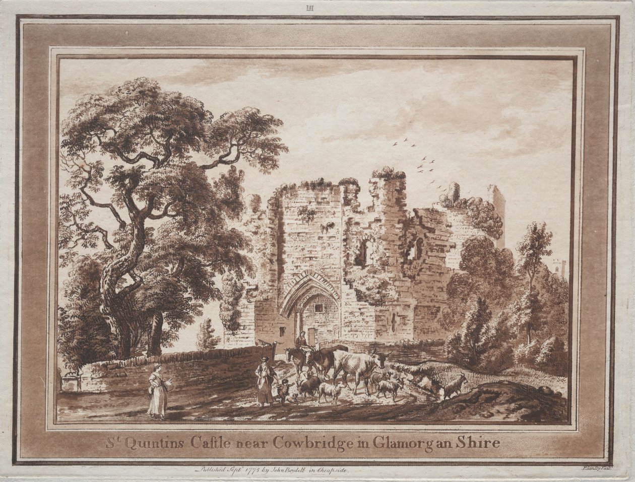 Kaksitoista näkymää Etelä-Walesissa: St. Quintinsin linna lähellä Cowbridgeä Glamorganshiressä, 1775. tekijältä Paul Sandby
